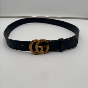 GUCCI Marmont Double G Belt Black Leather Antique Gold Buckle Authentic